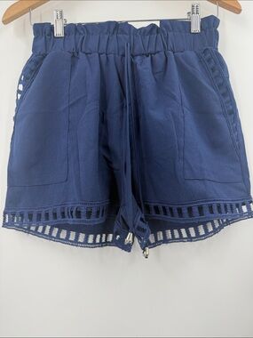 Paper bag navy high waist shorts drawstring 2 pockets lattice lace trim